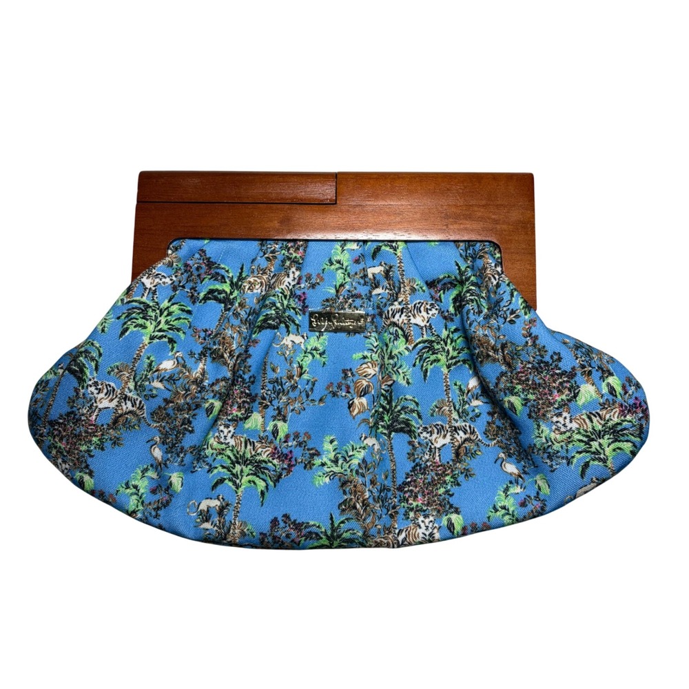 NWOT Lilly Pulitzer Blue Jungle Tiger Boho Wood Frame Clutch Bag Slouchy Handbag